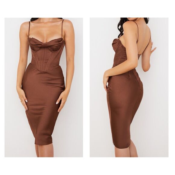 House of CB Myrna Corset Slip Dress by House of CB Chocolate Brown Sz L #1329 - Picture 1 of 9